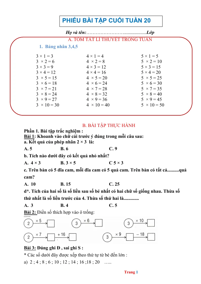 Phiếu Cuối Tuần Toán 2 Tuần 20