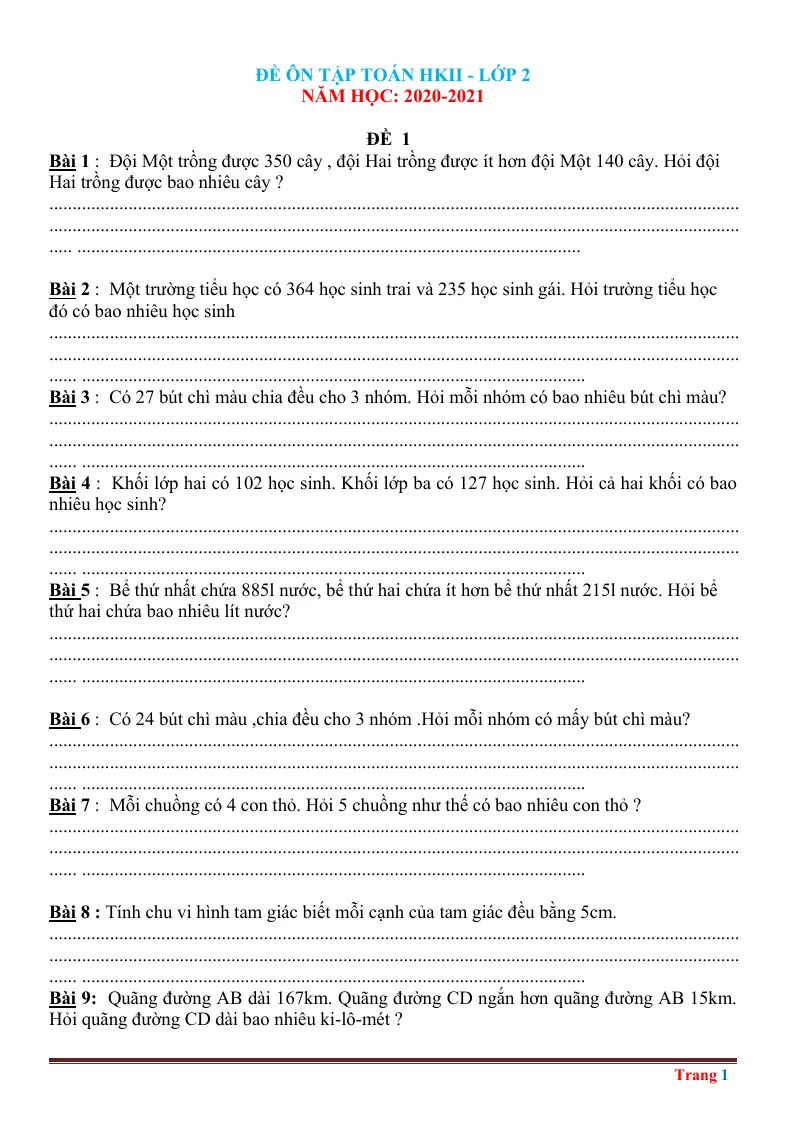 Bộ Đề Ôn Tập Toán 2 Học Kỳ 2 (35 Đề)