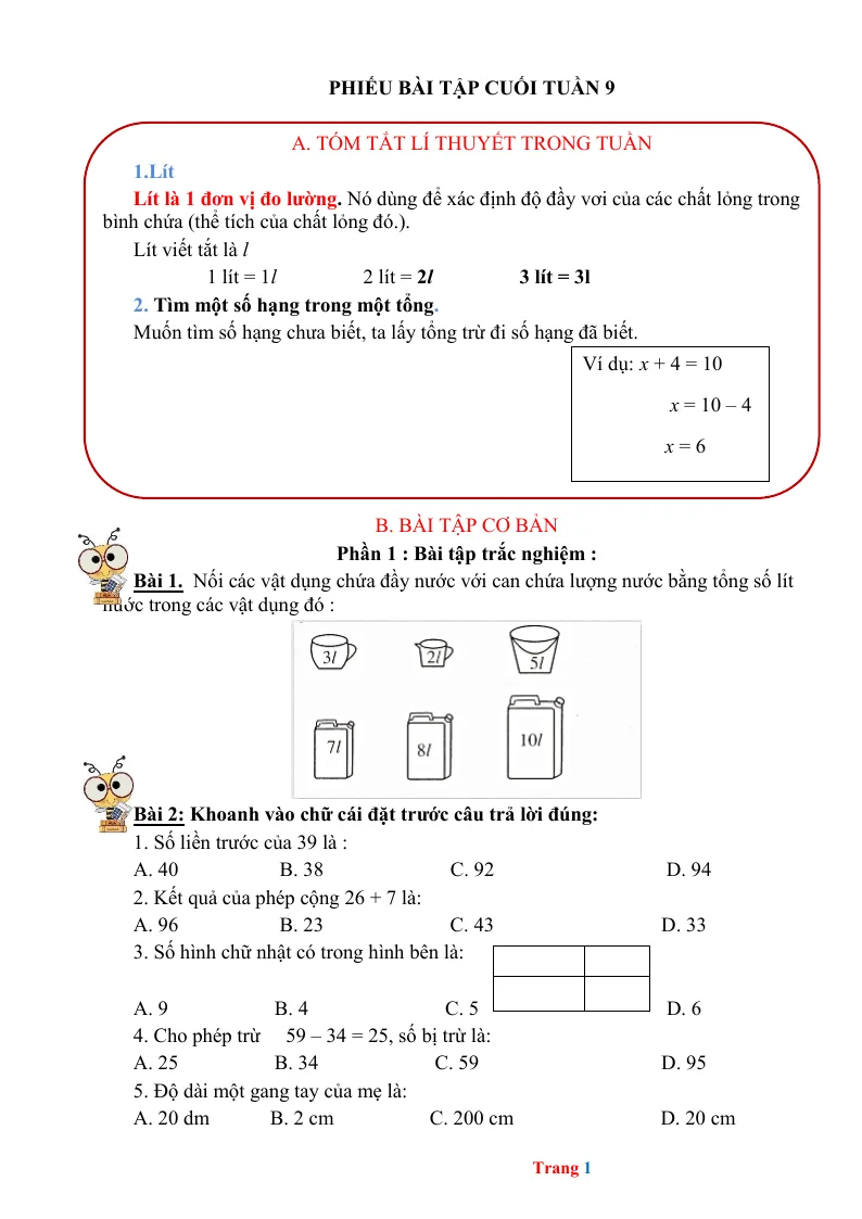 Phiếu Cuối Tuần Toán 2 Tuần 9