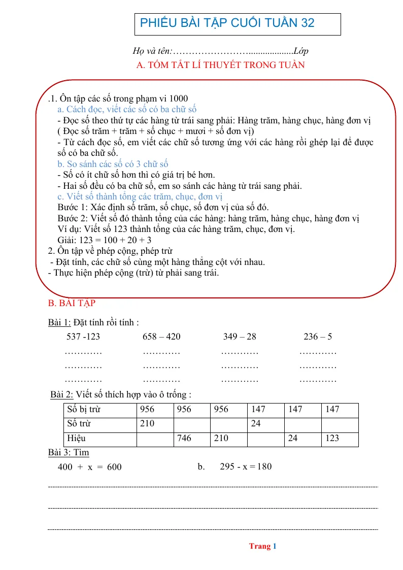 Phiếu Cuối Tuần Toán 2 Tuần 32