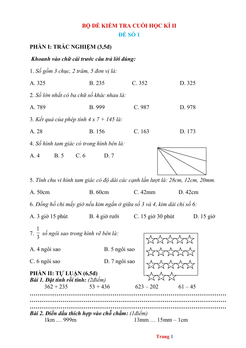 10 Đề Thi Học Kỳ 2 Toán Lớp 2