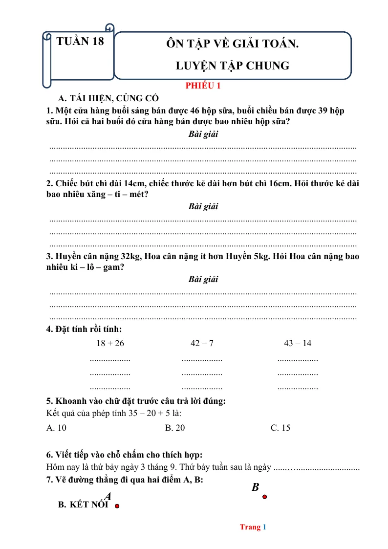 Phiếu Cuối Tuần Toán 2 Tuần 18
