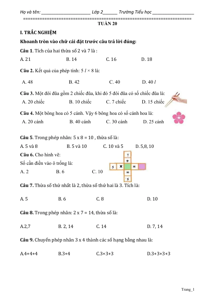 Phiếu Cuối Tuần Toán 2 Tuần 20