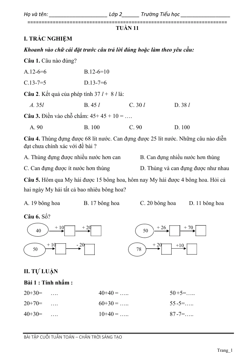 Phiếu Cuối Tuần Toán 2 Tuần 11