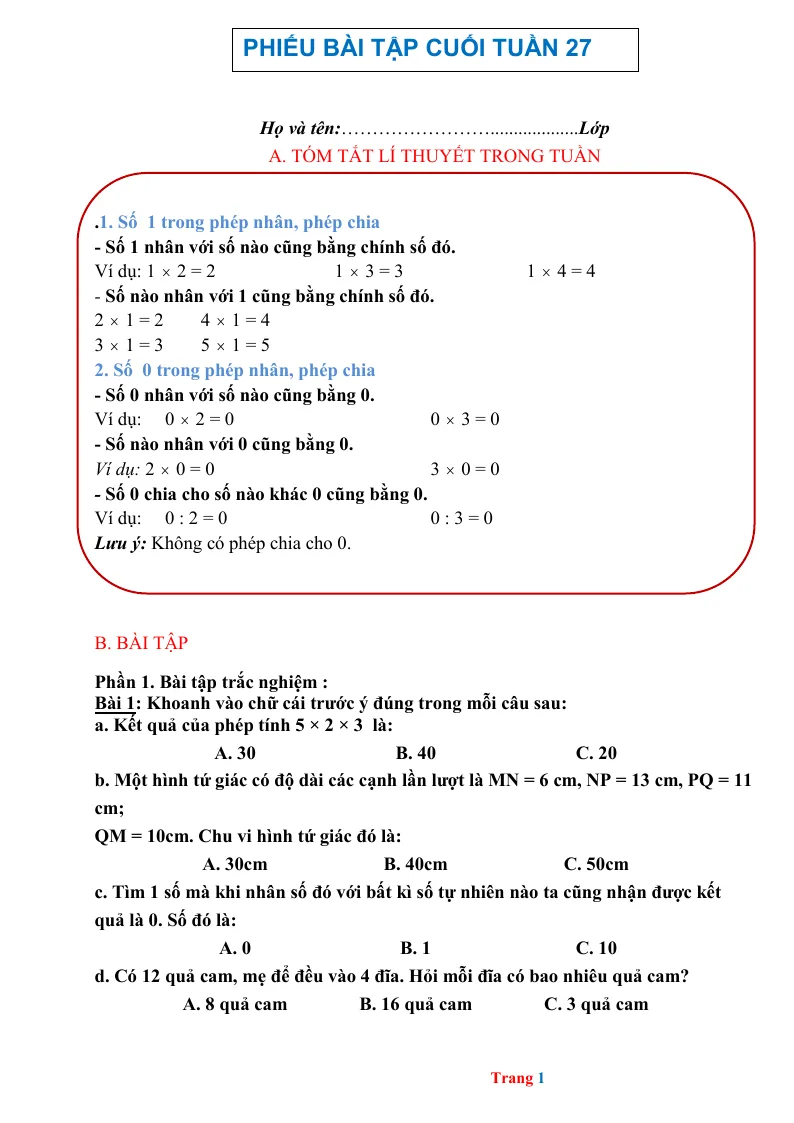 Phiếu Cuối Tuần Toán 2 Tuần 27