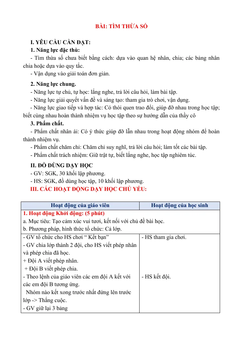 Giáo Án Toán 3 Bài Tìm Thừa Số Sách CTST