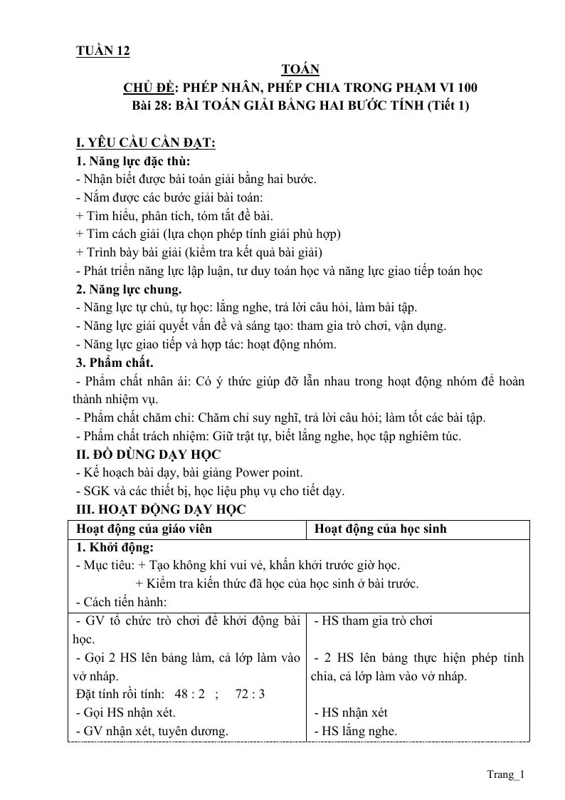 Giáo Án Toán 3 Tuần 12