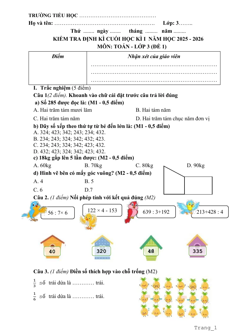 Bộ 5 Đề Ôn Tập Học Kỳ 1 Toán 3 2025 - 2026