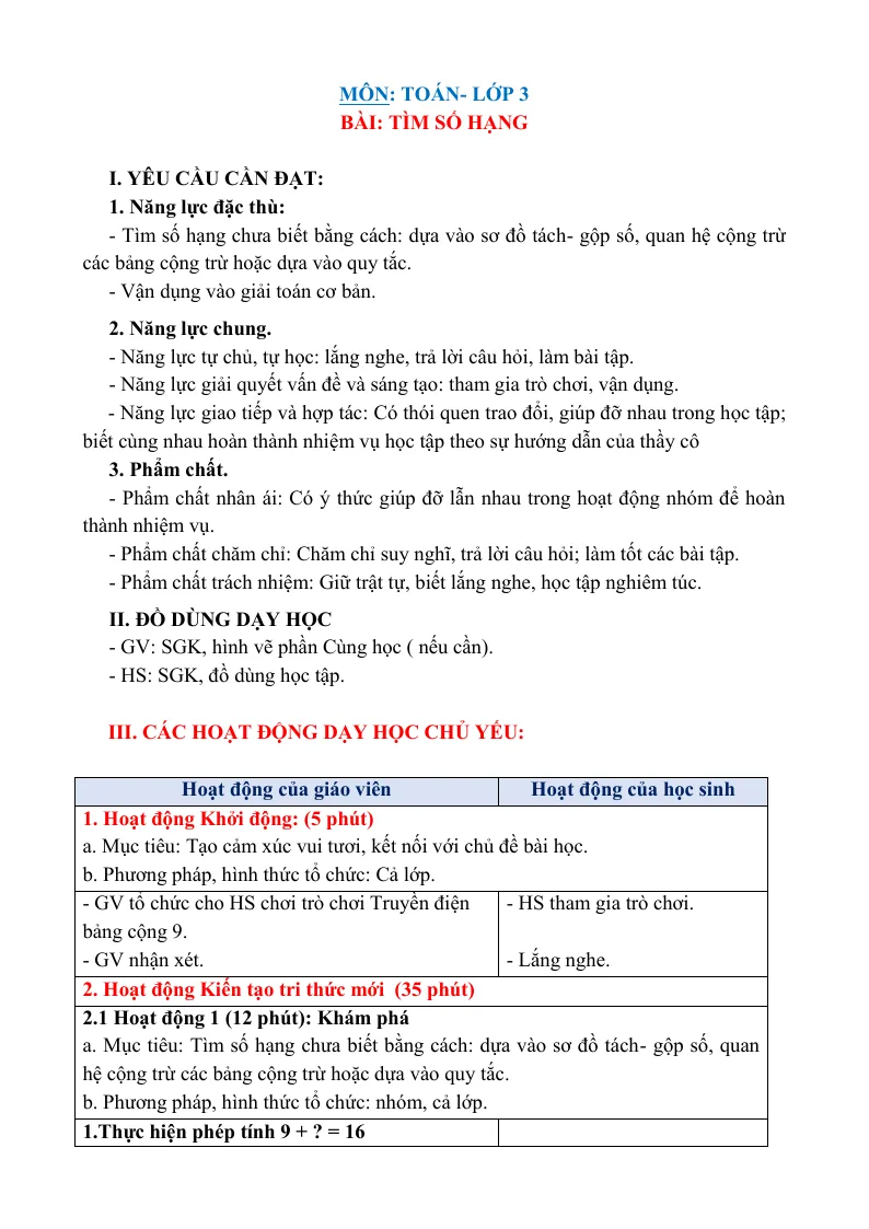 Giáo Án Toán 3 Bài Tìm Số Hạng Sách CTST