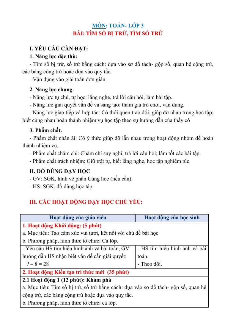 Giáo Án Toán 3 Bài Tìm Số Bị Trừ Số Trừ Sách CTST