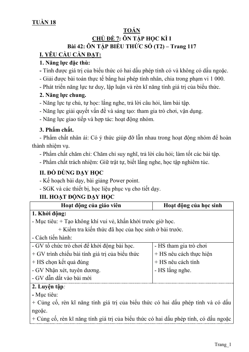 Kế Hoạch Bài Dạy Toán 3 Tuần 18