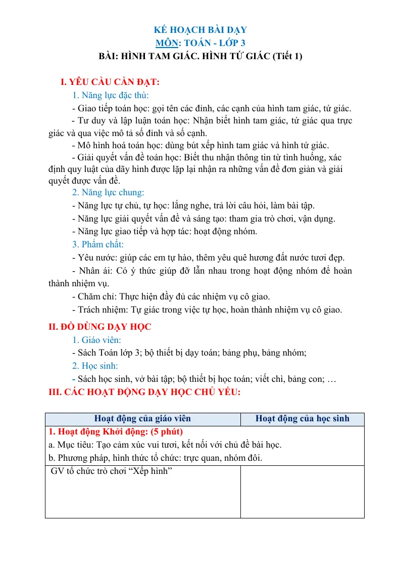 Giáo Án Toán 3 Bài Hình Tam Giác Tứ Giác Sách CTST