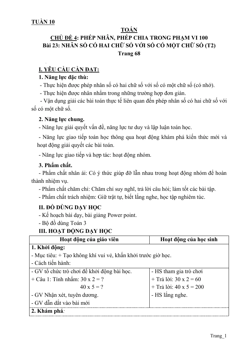 Giáo Án Toán 3 Tuần 10
