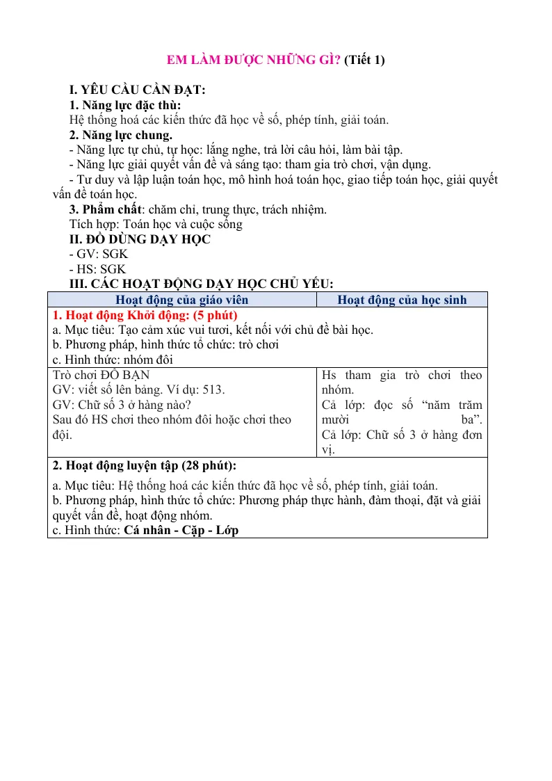 Giáo Án Toán 3 Bài Em Làm Được Những Gì Sách CTST Tập 1 Trang 39