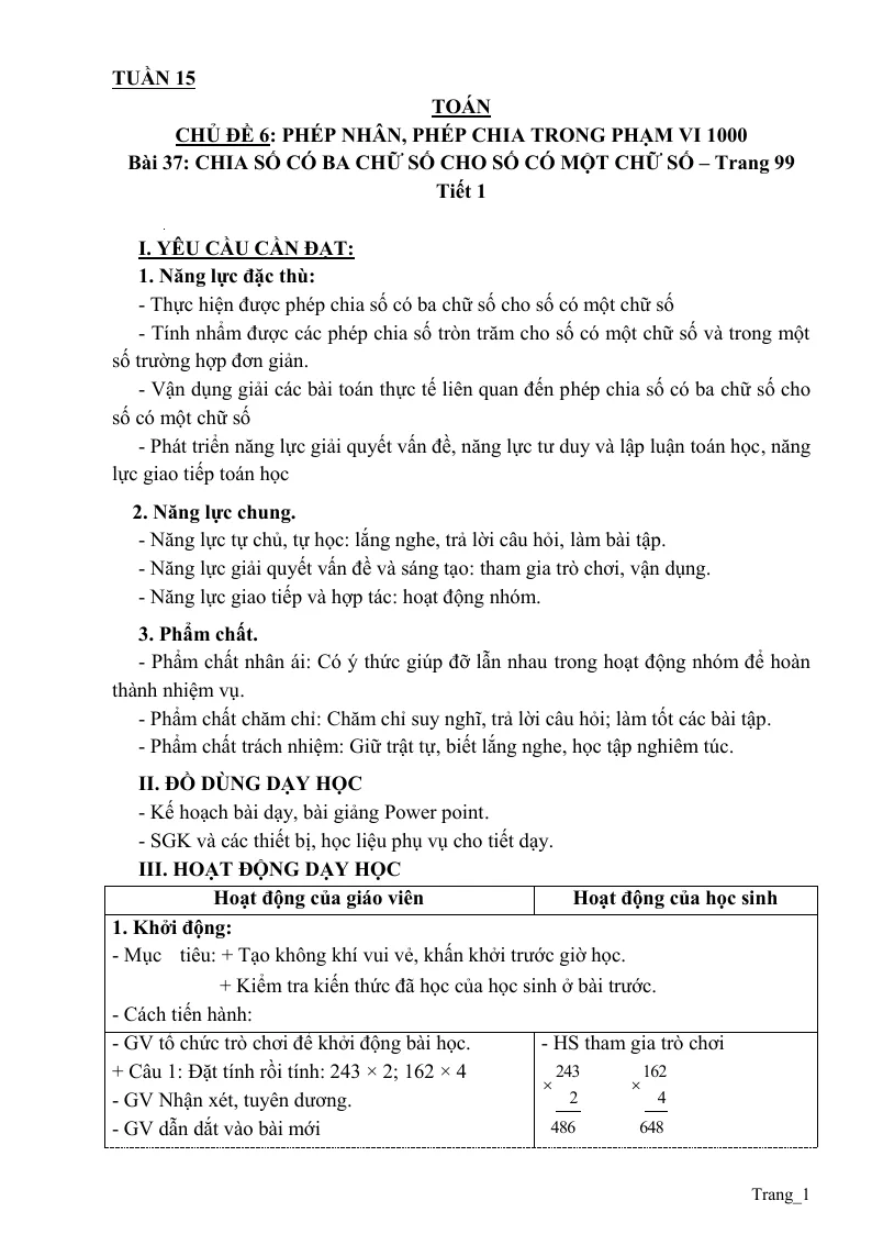 Giáo Án Toán 3 Tuần 15