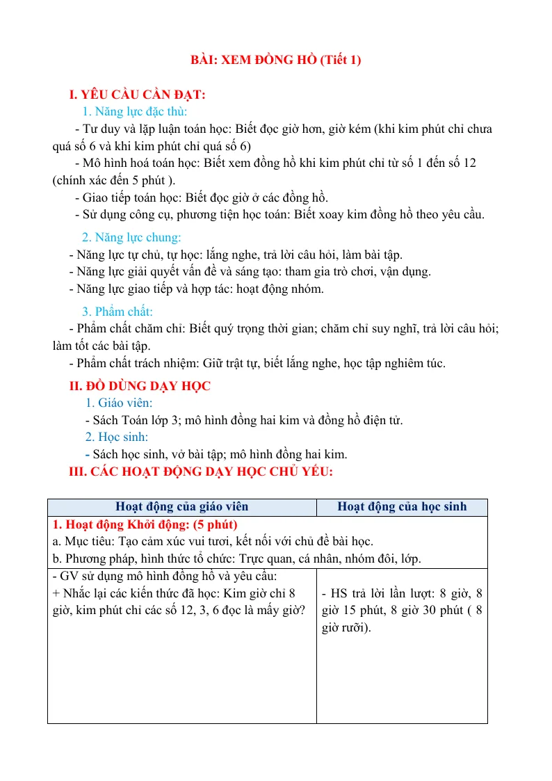 Giáo Án Toán 3 Bài Xem Đồng Hồ Sách CTST