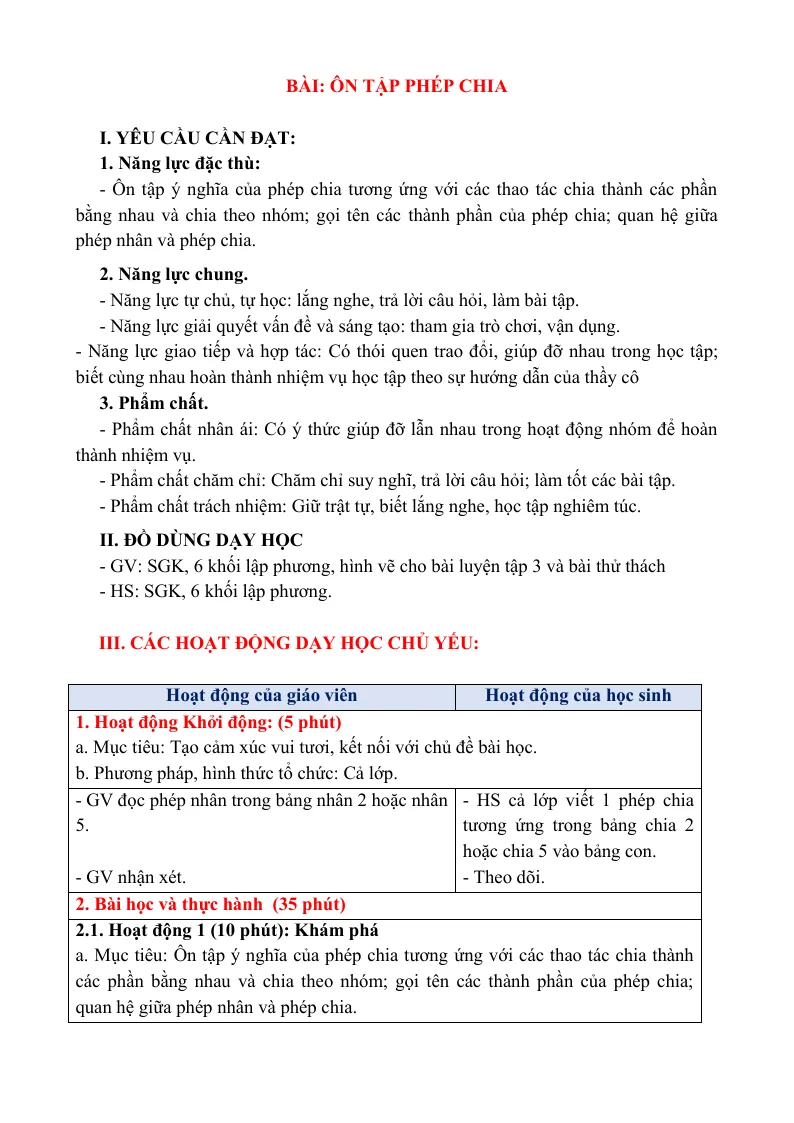 Giáo Án Toán 3 Bài Ôn Tập Phép Chia Sách CTST