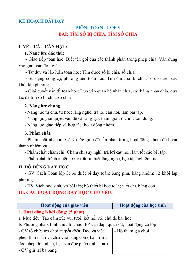 Giáo Án Toán 3 Bài Tìm Số Bị Chia Số Chia Sách CTST