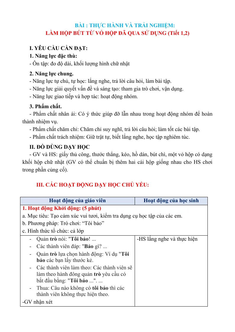 Giáo Án Toán 3 Làm Hộp Bút Từ Vỏ Hộp Đã Qua Sử Dụng Sách CTST