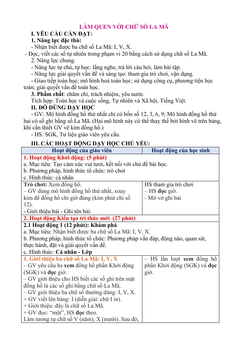 Giáo Án Toán 3 Bài Làm Quen Với Chữ Số La Mã Sách CTST