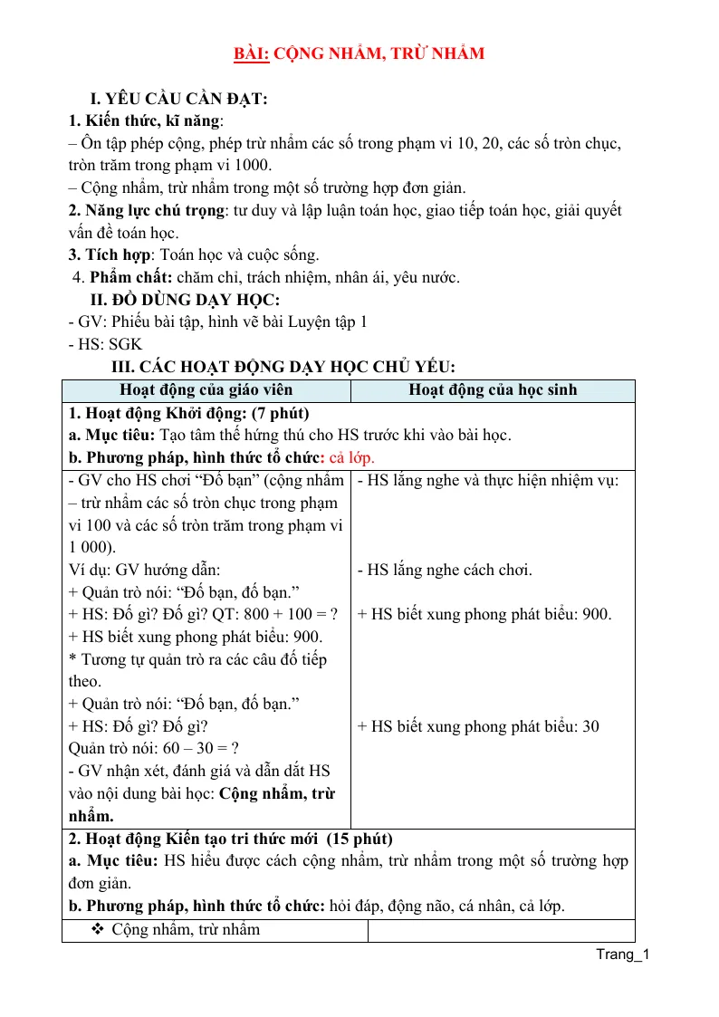 Giáo Án Toán 3 Bài Cộng Nhẩm Trừ Nhẩm Sách CTST