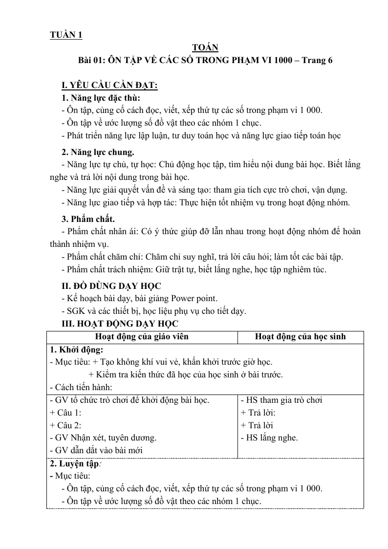 Giáo Án Môn Toán Lớp 3 Học Kỳ 1 Rất Hay