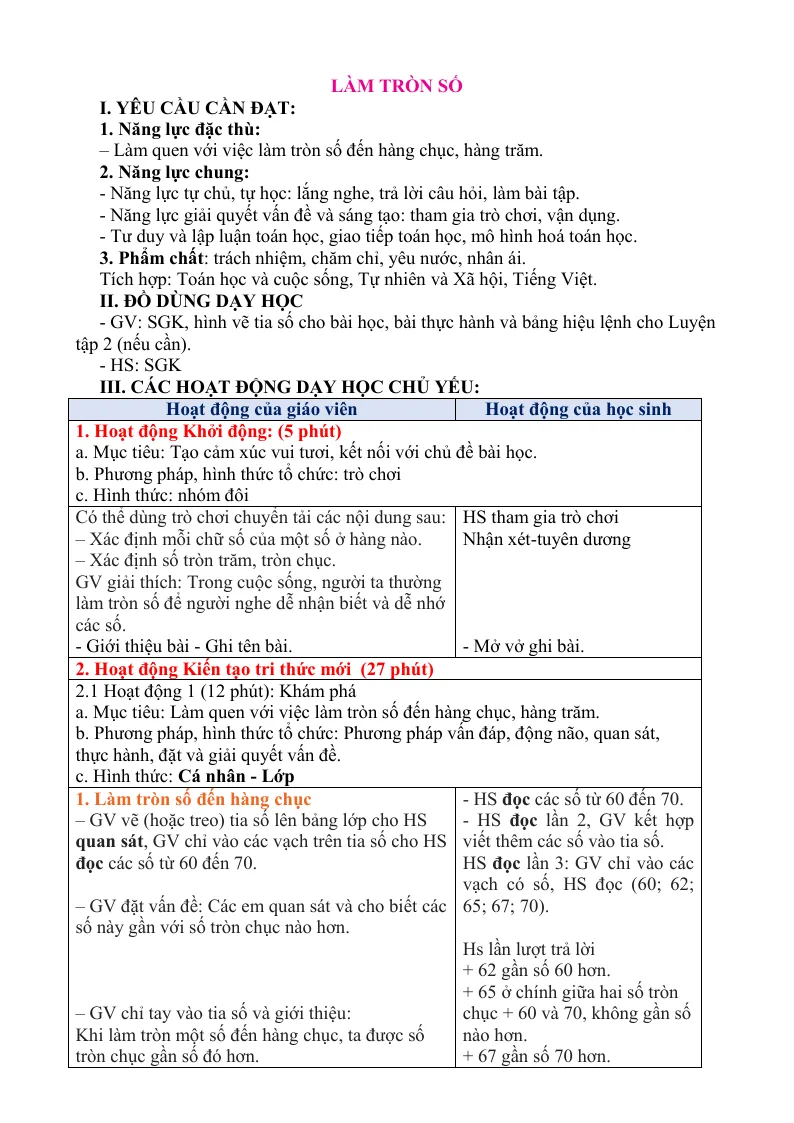 Giáo Án Toán 3 Bài Làm Tròn Số Sách CTST