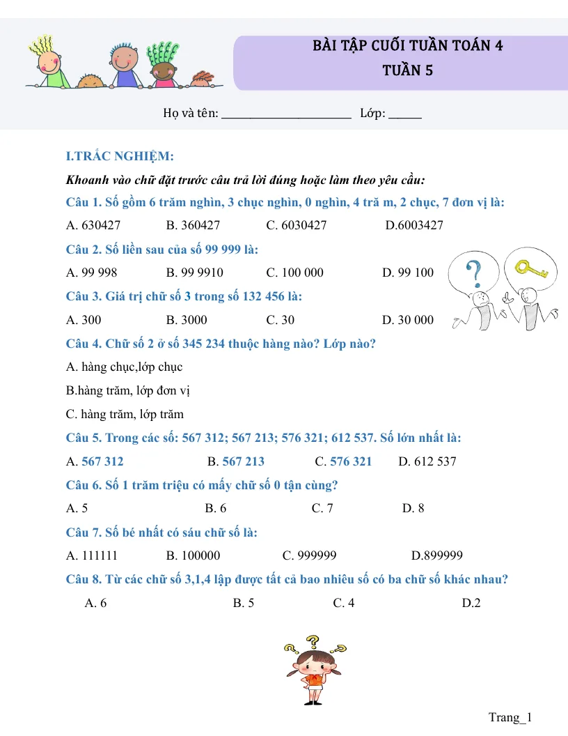 Bài Tập Cuối Tuần Toán 4 Tuần 5