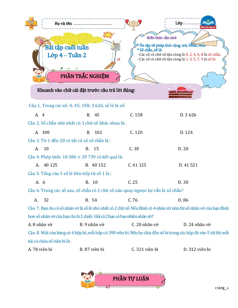 Bài Tập Cuối Tuần Toán 4 Tuần 2