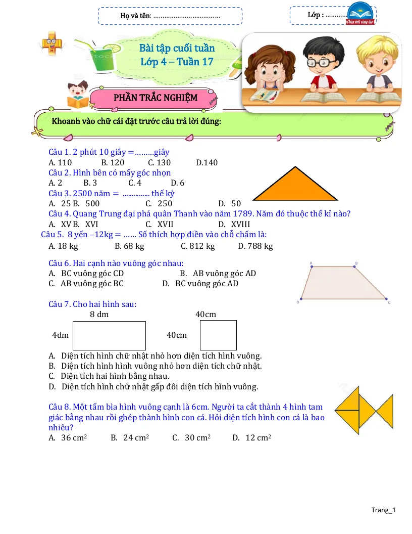 Bài Tập Cuối Tuần Toán 4 Tuần 17