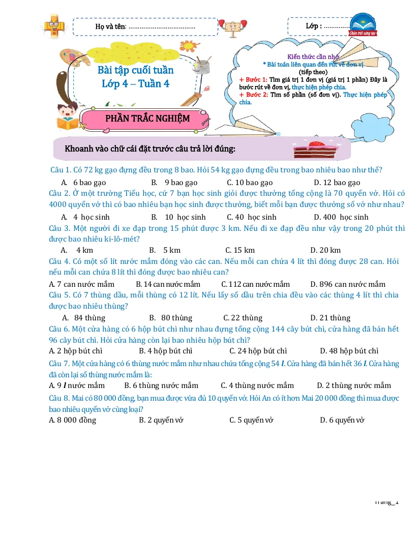 Bài Tập Cuối Tuần Toán 4 Tuần 4