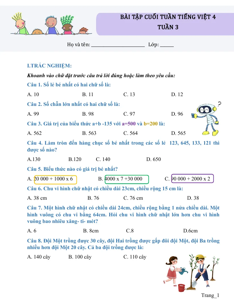 Bài Tập Cuối Tuần Toán 4 Tuần 3