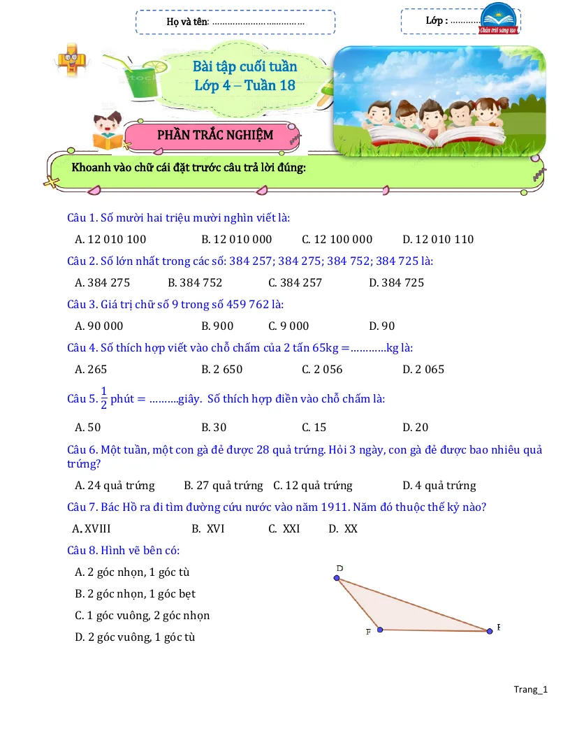 Bài Tập Cuối Tuần Toán 4 Tuần 18