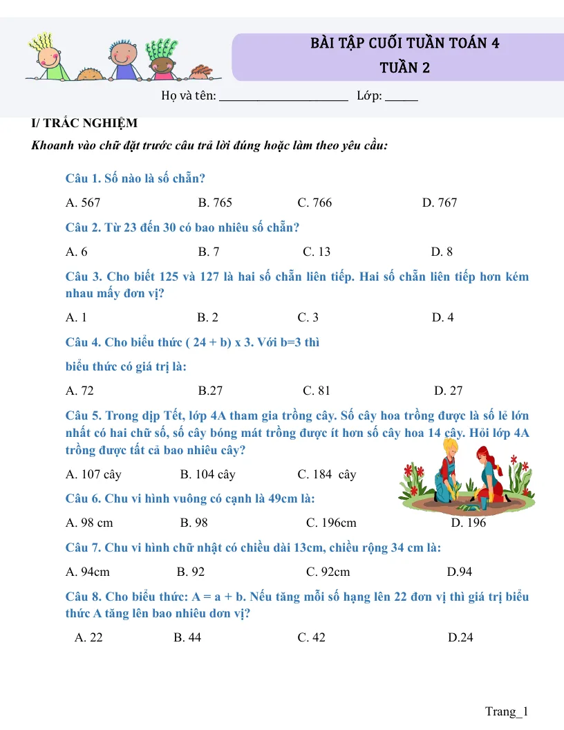 Bài Tập Cuối Tuần Toán 4 Tuần 2