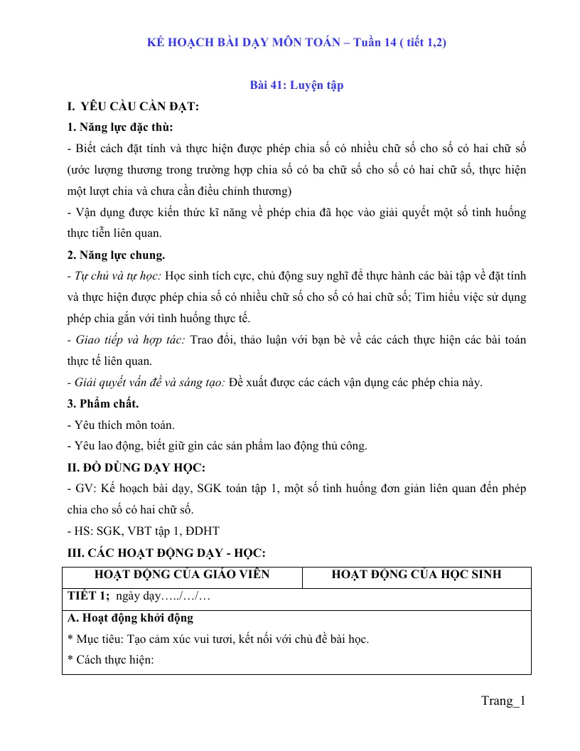 Giáo Án Môn Toán Lớp 4 Tuần 14