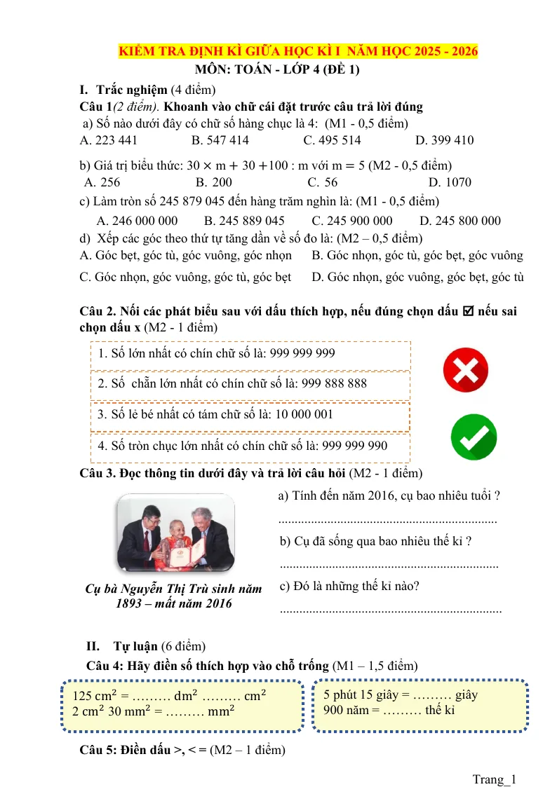 Bộ 5 Đề Kiểm Tra Giữa Học Kỳ 1 Toán 4 2025 - 2026