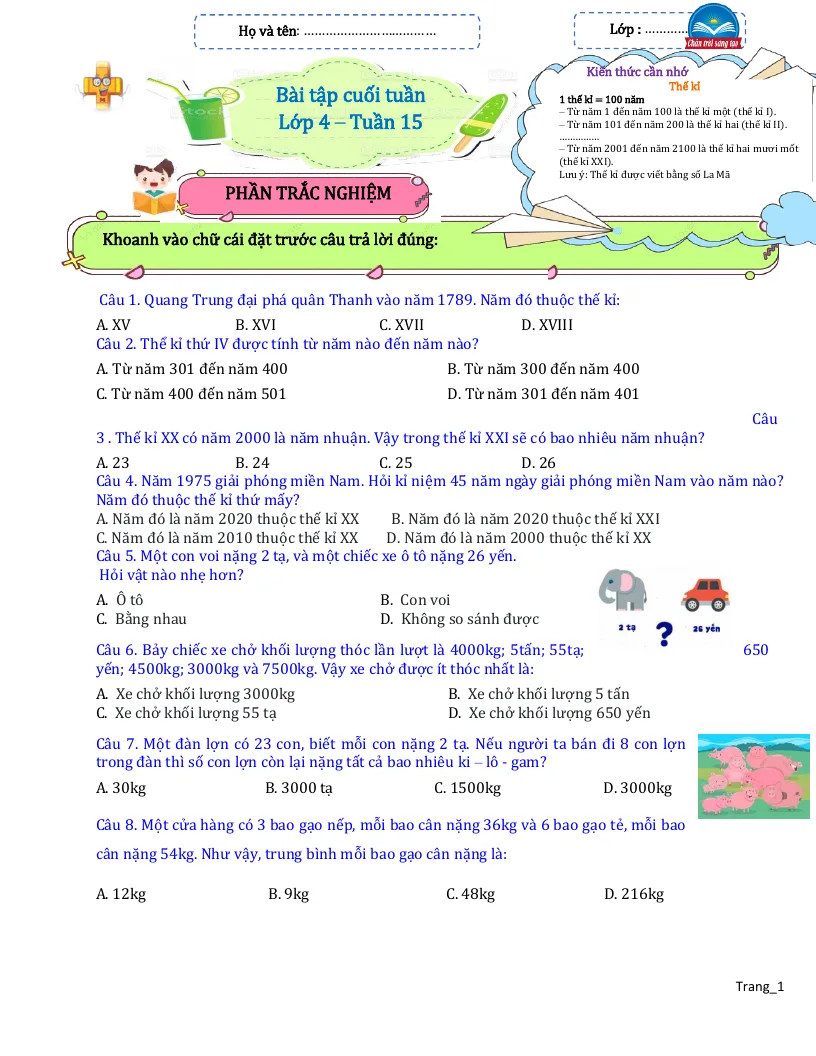 Bài Tập Cuối Tuần Toán 4 Tuần 15