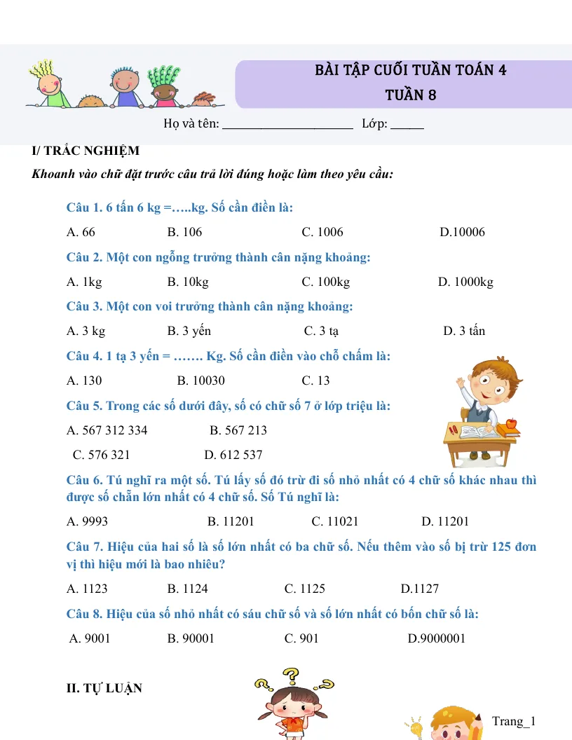 Bài Tập Cuối Tuần Toán 4 Tuần 8