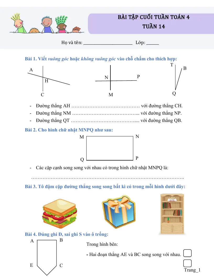 Bài Tập Cuối Tuần Toán 4 Tuần 14
