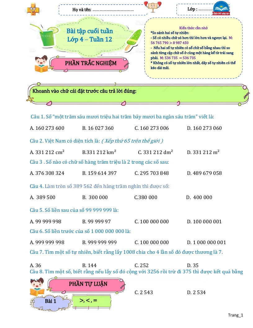 Bài Tập Cuối Tuần Toán 4 Tuần 12