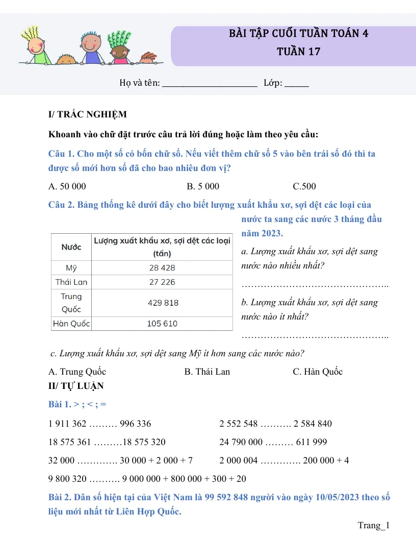 Bài Tập Cuối Tuần Toán 4 Tuần 17