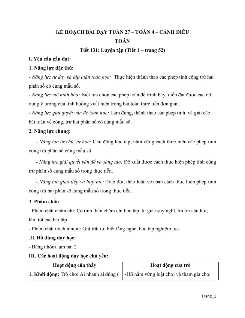 Giáo Án Môn Toán Lớp 4 Tuần 27