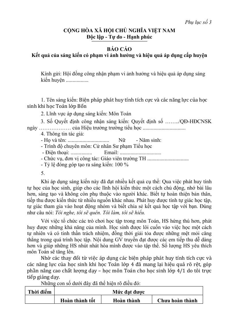 SKKN Biện Pháp Phát Huy Tính Tích Cực Và Các Năng Lực Học Sinh Khi Học Toán Lớp 4