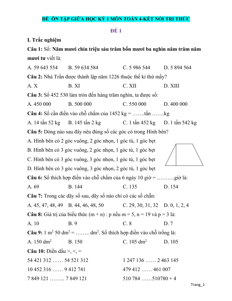 Bộ 5 Đề Ôn Tập Giữa Học Kỳ 1 Toán 4