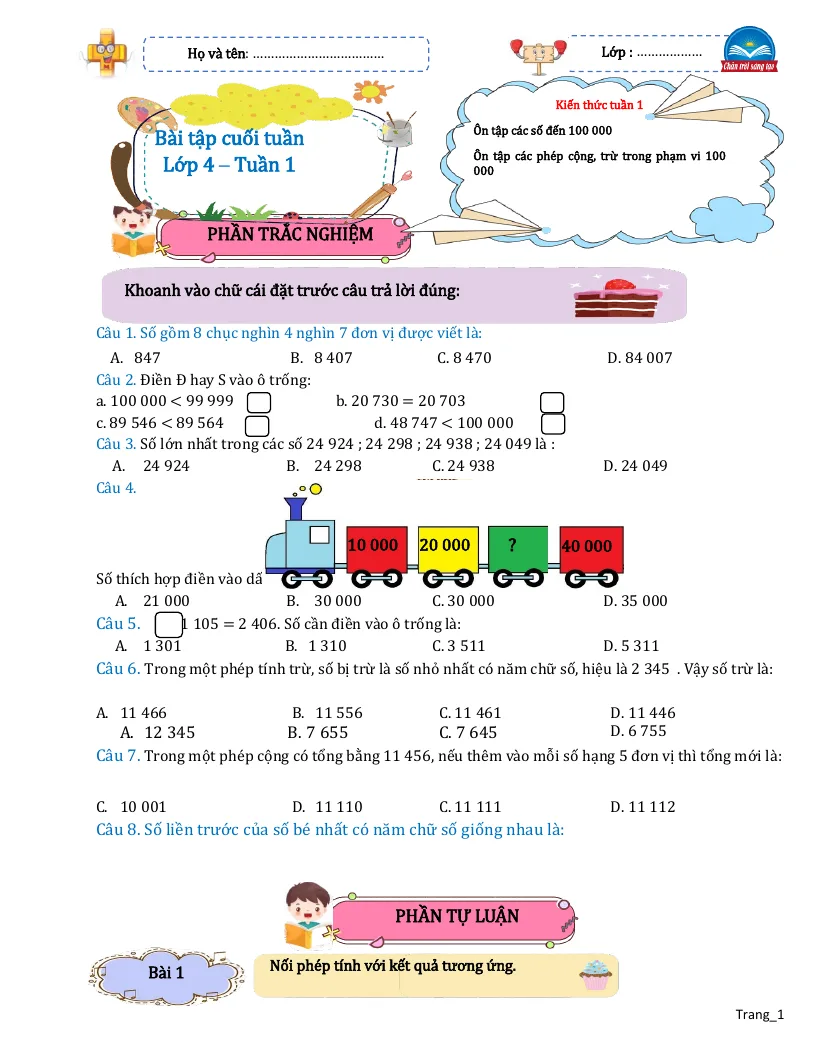 Bài Tập Cuối Tuần Toán 4 Tuần 1