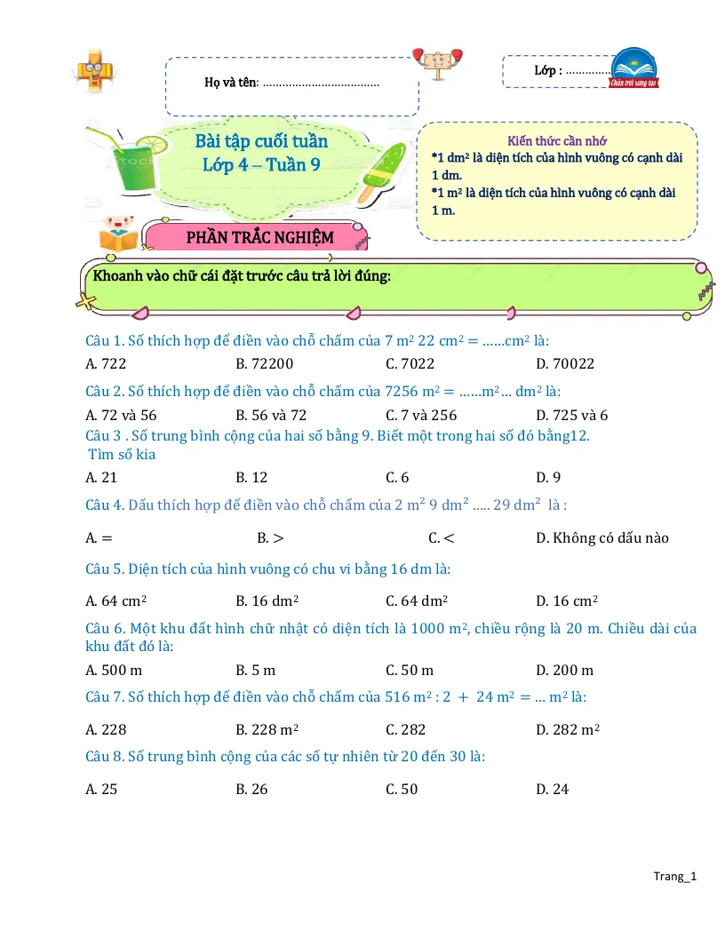 Bài Tập Cuối Tuần Toán 4 Tuần 9