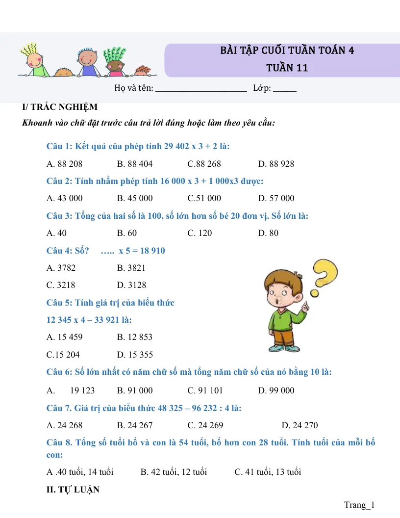 Bài Tập Cuối Tuần Toán 4 Tuần 11