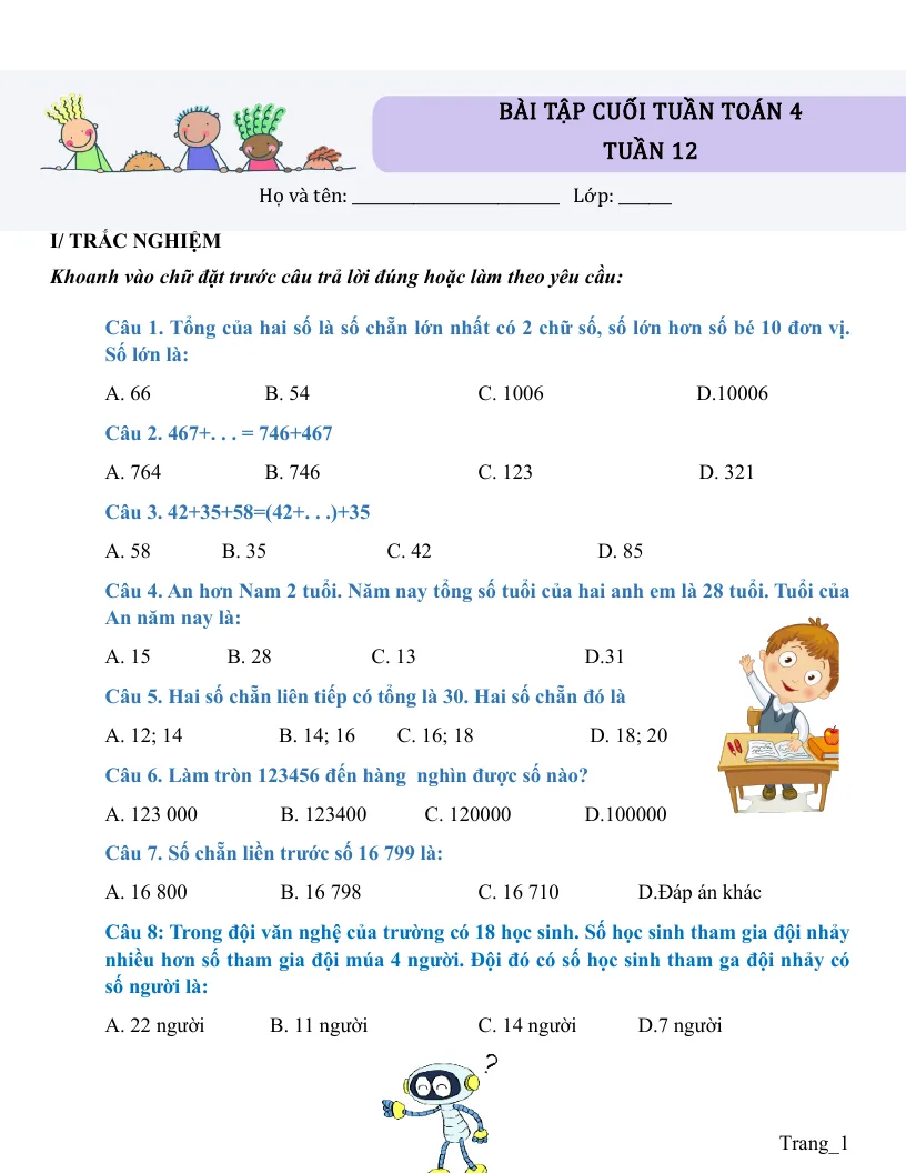 Bài Tập Cuối Tuần Toán 4 Tuần 12