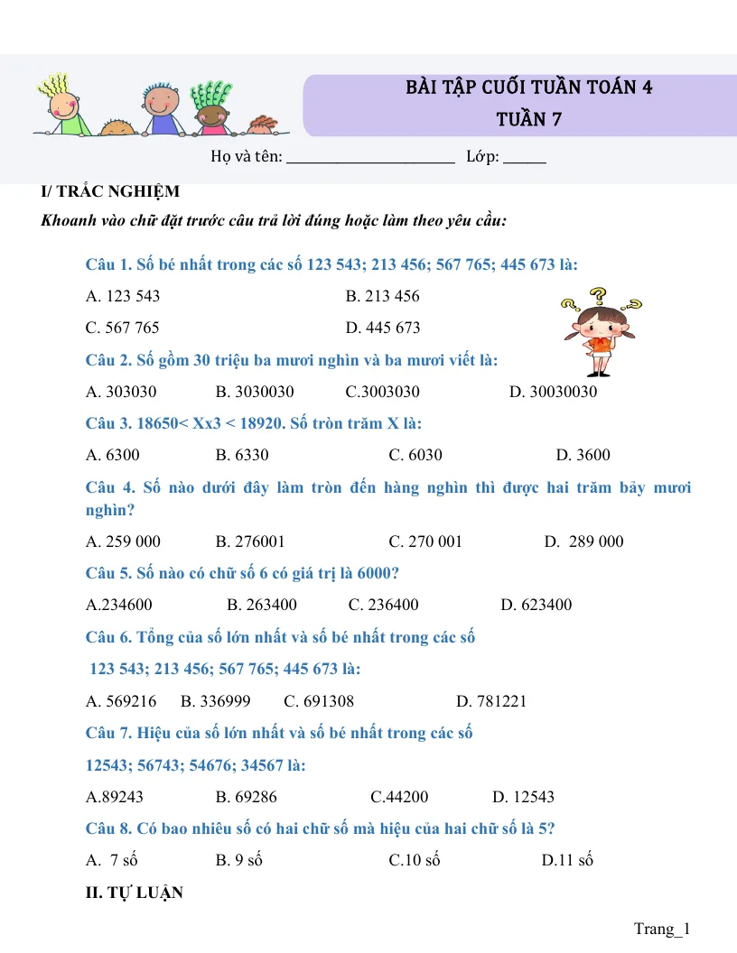 Bài Tập Cuối Tuần Toán 4 Tuần 7