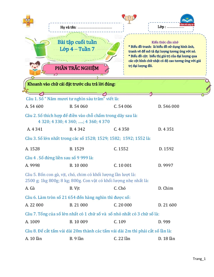 Bài Tập Cuối Tuần Toán 4 Tuần 7